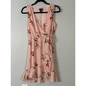 Aqua Floral Ruffle Faux Wrap Dress Blush V Neck Sleeveless Small